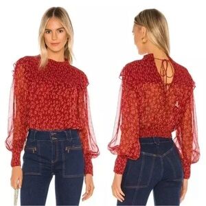 Free People Red Floral Roma Blouse Tie Closure Long Sleeve Size XS NWT